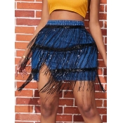 lovely Stylish Tassel Design Deep Blue Denim Skirt