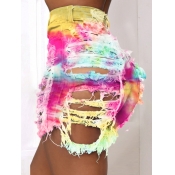 LW Casual Tie-dye Broken Holes Yellow Denim Shorts