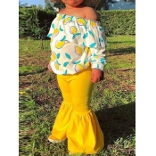 lovely Stylish Print Yellow Girl Two-piece Pants S