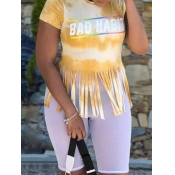 LW Cotton-Feel Letter Print Tie-dye Tassel Design 