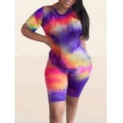 lovely Trendy O Neck Tie-dye Purple One-piece Romp
