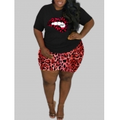 lovely Casual O Neck Lip Print Red Plus Size Two-p