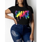 LW Plus Size Casual O Neck Letter Print Black T-sh