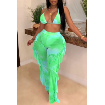 

LW Plus Size Tie-dye Flounce Design Bikini Set, Green