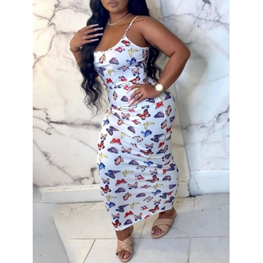 

LW Trendy Spaghetti Strap Butterfly Print White Ankle Length Dress