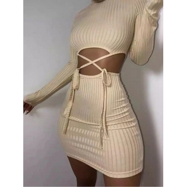 

LW SXY O Neck Cross-over Bandage Design Apricot Mini Dress
