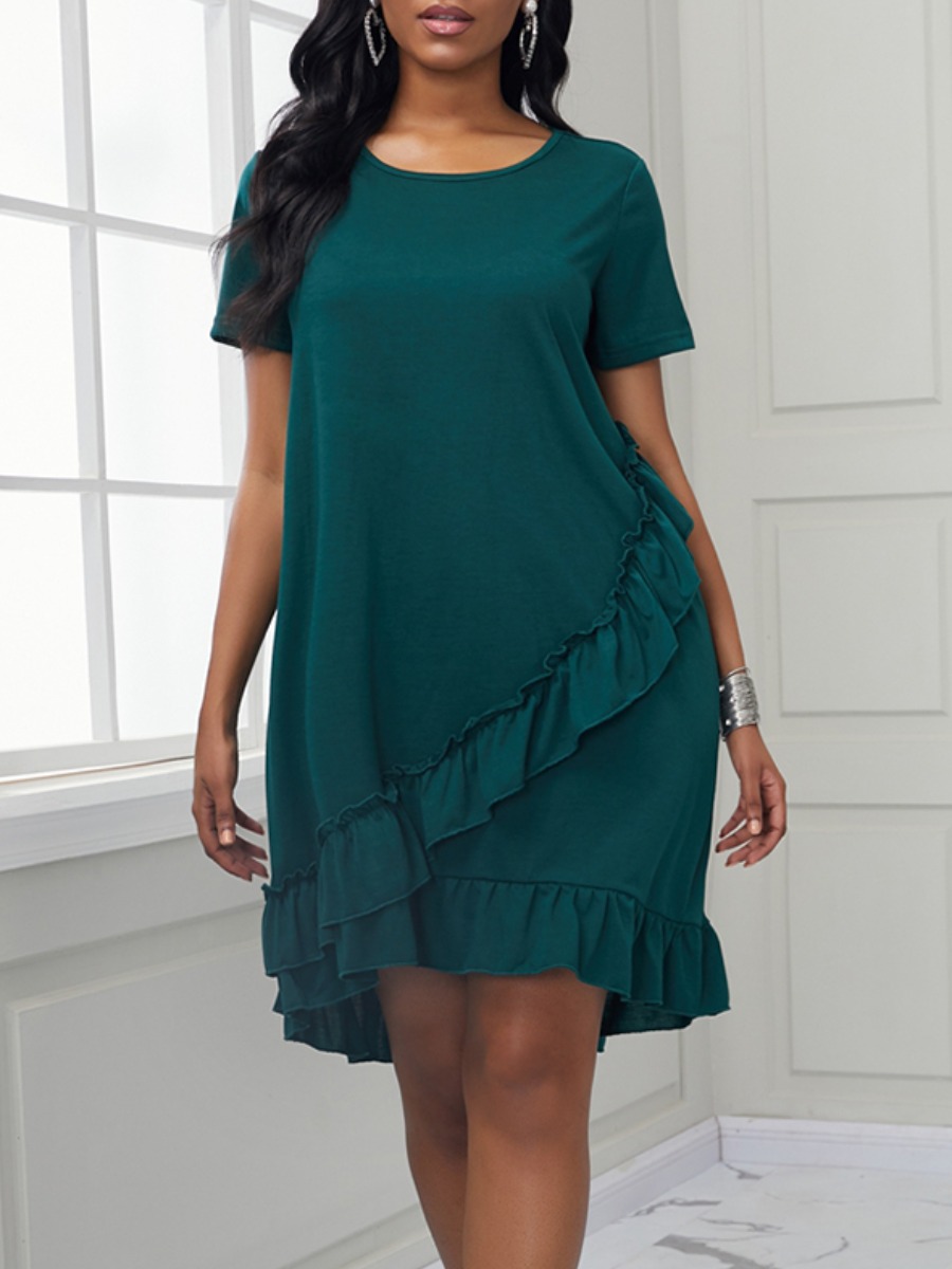 

lovely Sweet O Neck Flounce Design Asymmetrical Blackish Green Knee Length Dress, Black green