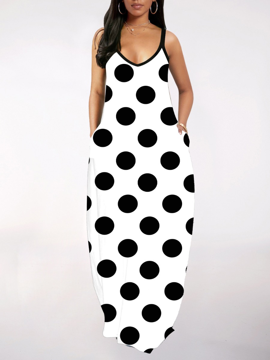

lovely Casual Spaghetti Strap Dot Print White Maxi Dress