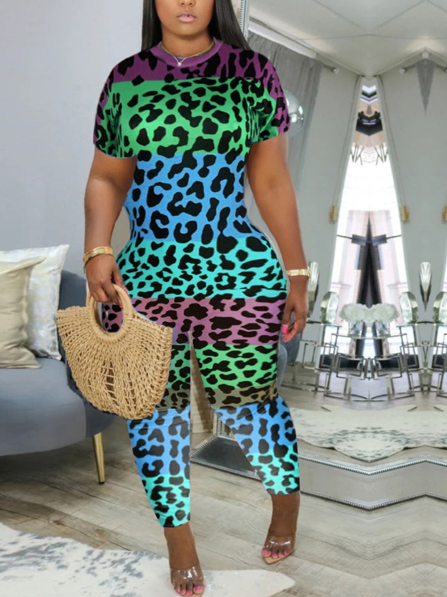 

Lovely Casual O Neck Leopard Print Green Plus Size One-piece Jumpsuit