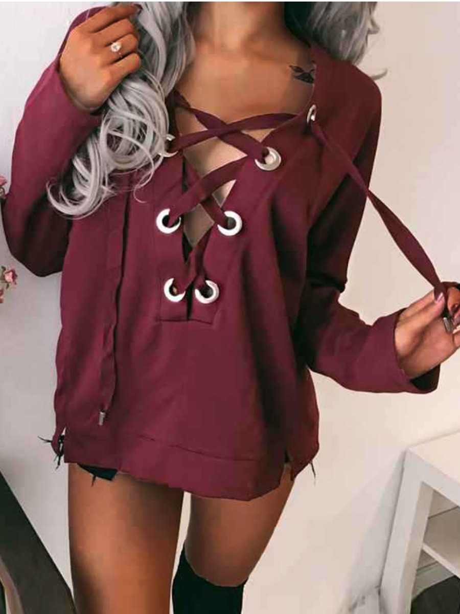

lovely Casual Bandage Design Wine Red Hoodie