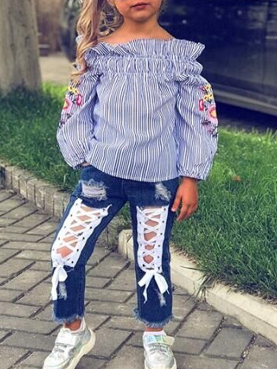

lovely Stylish Striped Bandage Design Blue Girl Two-piece Pants Set