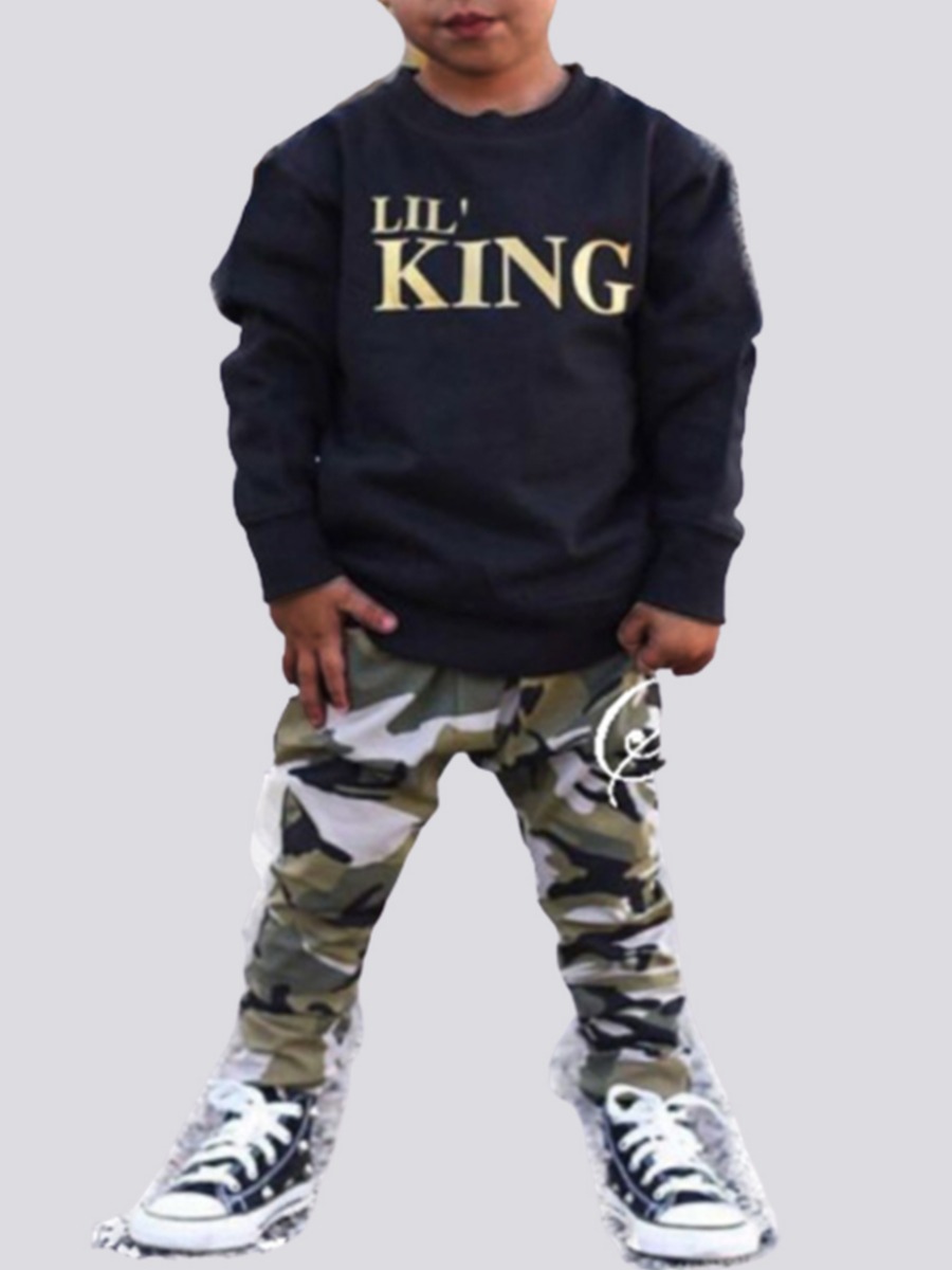 

lovely Casual O Neck Letter Print Black Boy Two-piece Pants Set