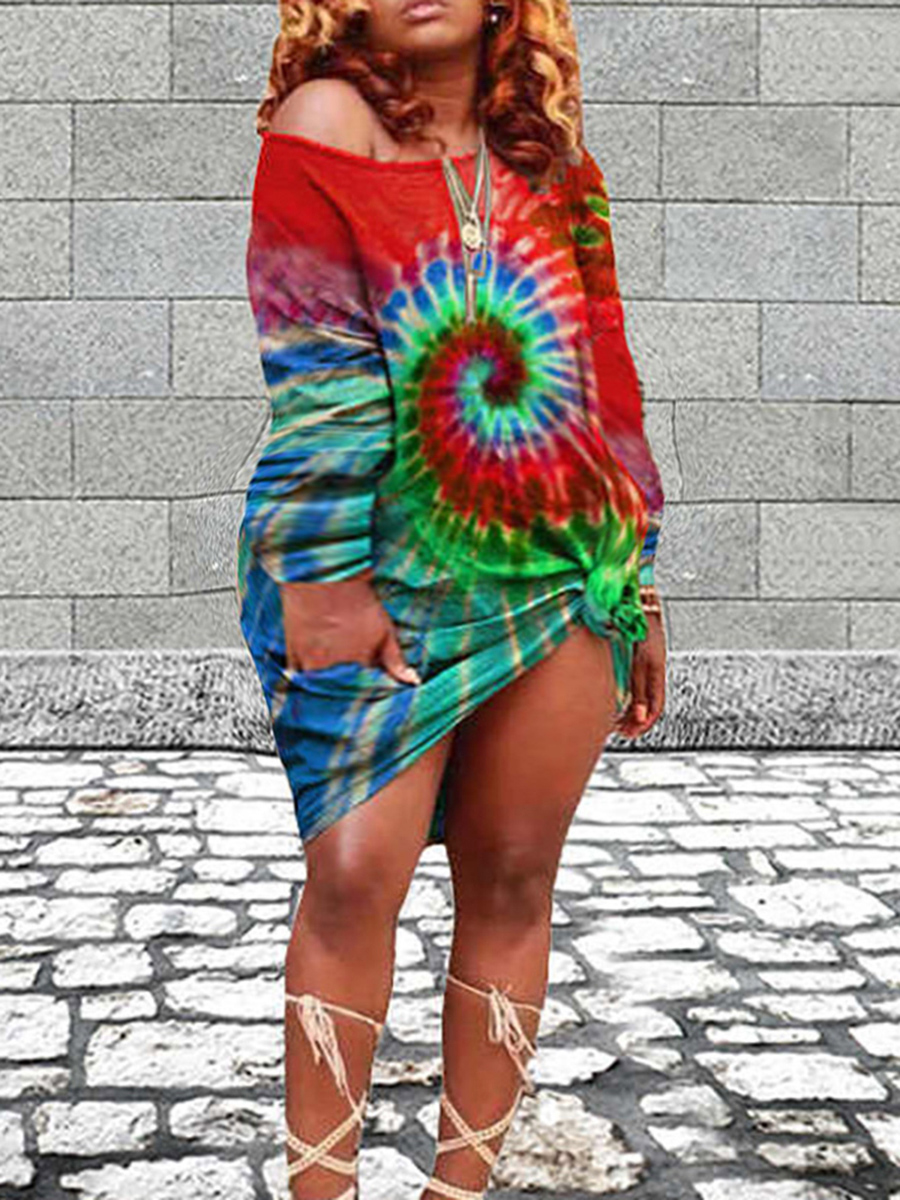 

Lovely Street O Neck Tie-dye Red Knee Length Plus Size Dress