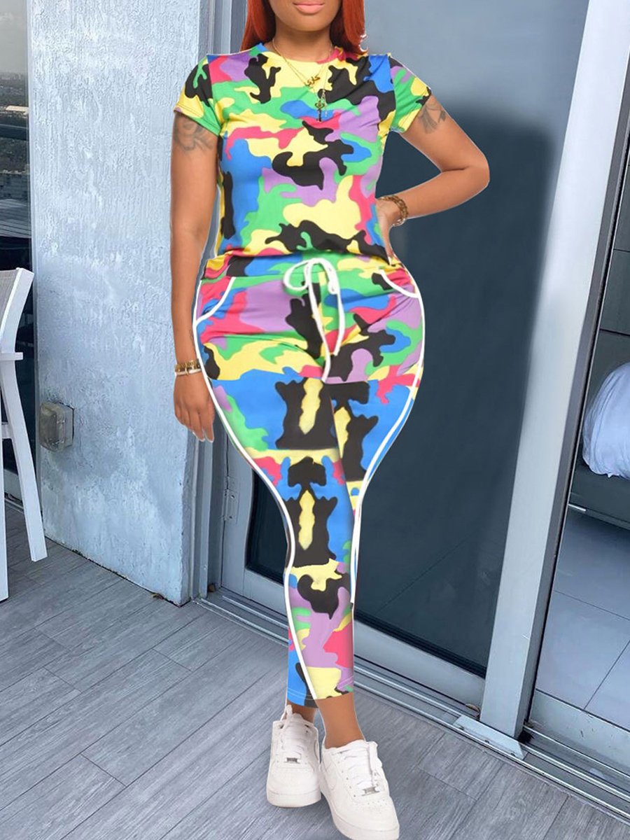 

Lovely Sportswear O Neck Camo Print Patchwork Plus Size Two-piece Pants Set