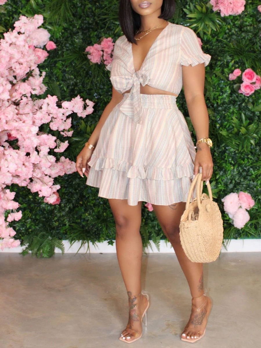 

lovely Sweet Striped Knot Design Apricot Two Piece Skirt Set