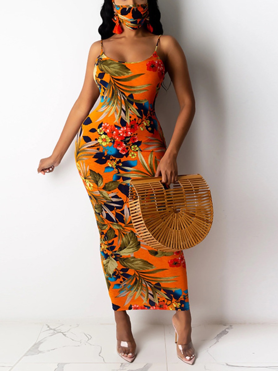 

lovely Bohemian Spaghetti Strap Plants Print Orange Ankle Length Dress