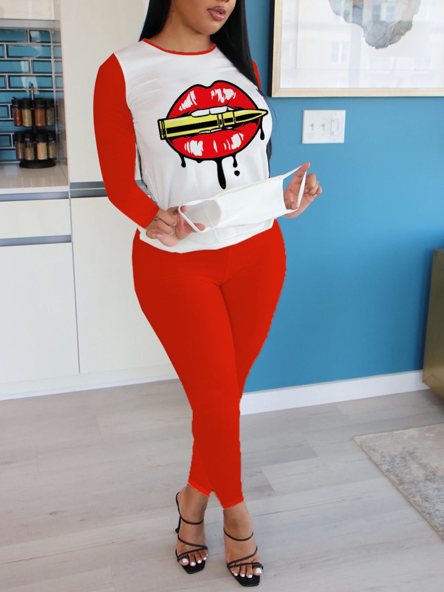 

lovely Casual O Neck Lip Print Red Two Piece Pants Set
