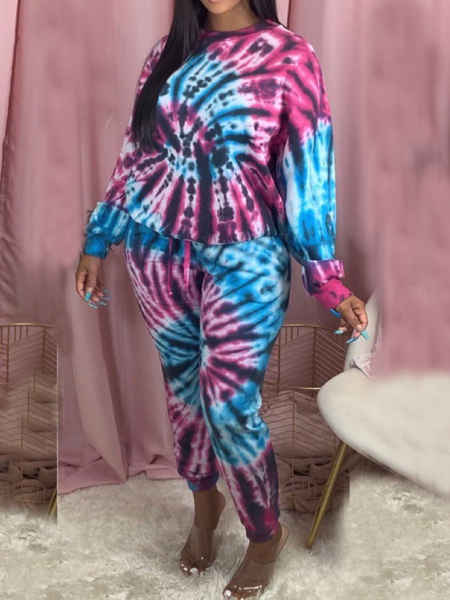 

lovely Casual O Neck Tie Dye Multicolor Two Piece Pants Set, Multi