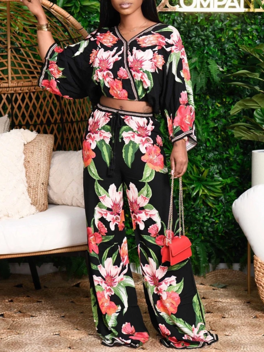 

lovely Bohemian V Neck Plants Print Multicolor Two Piece Pants Set, Multi