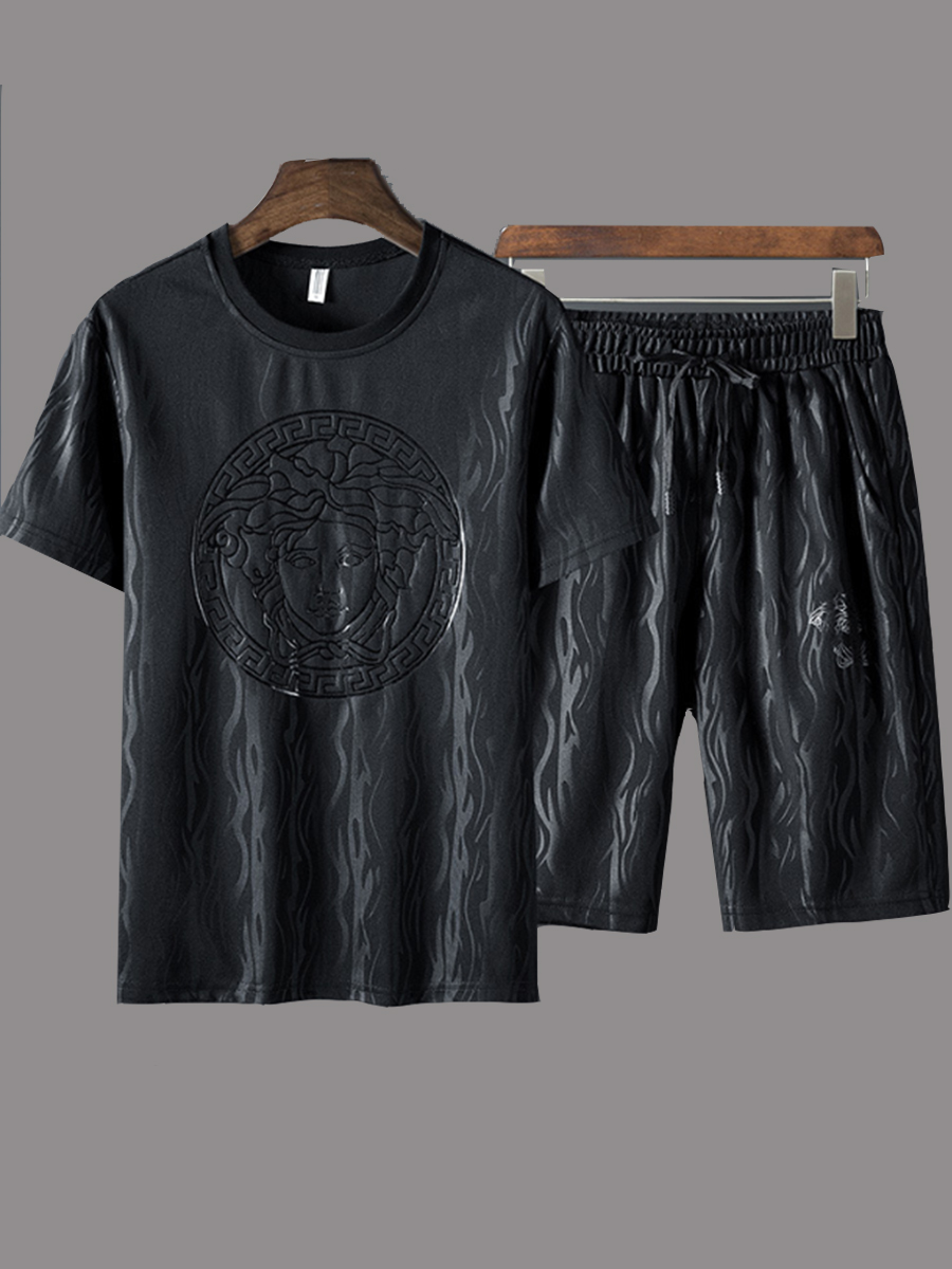 

lovely Casual O Neck Print Black Two-piece Shorts Set