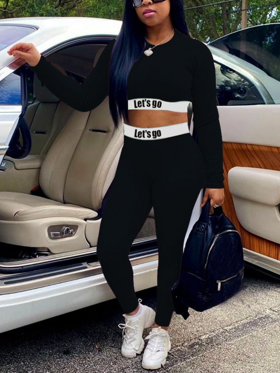 

lovely Sportswear O Neck Patchwork Black Two Piece Pants Set