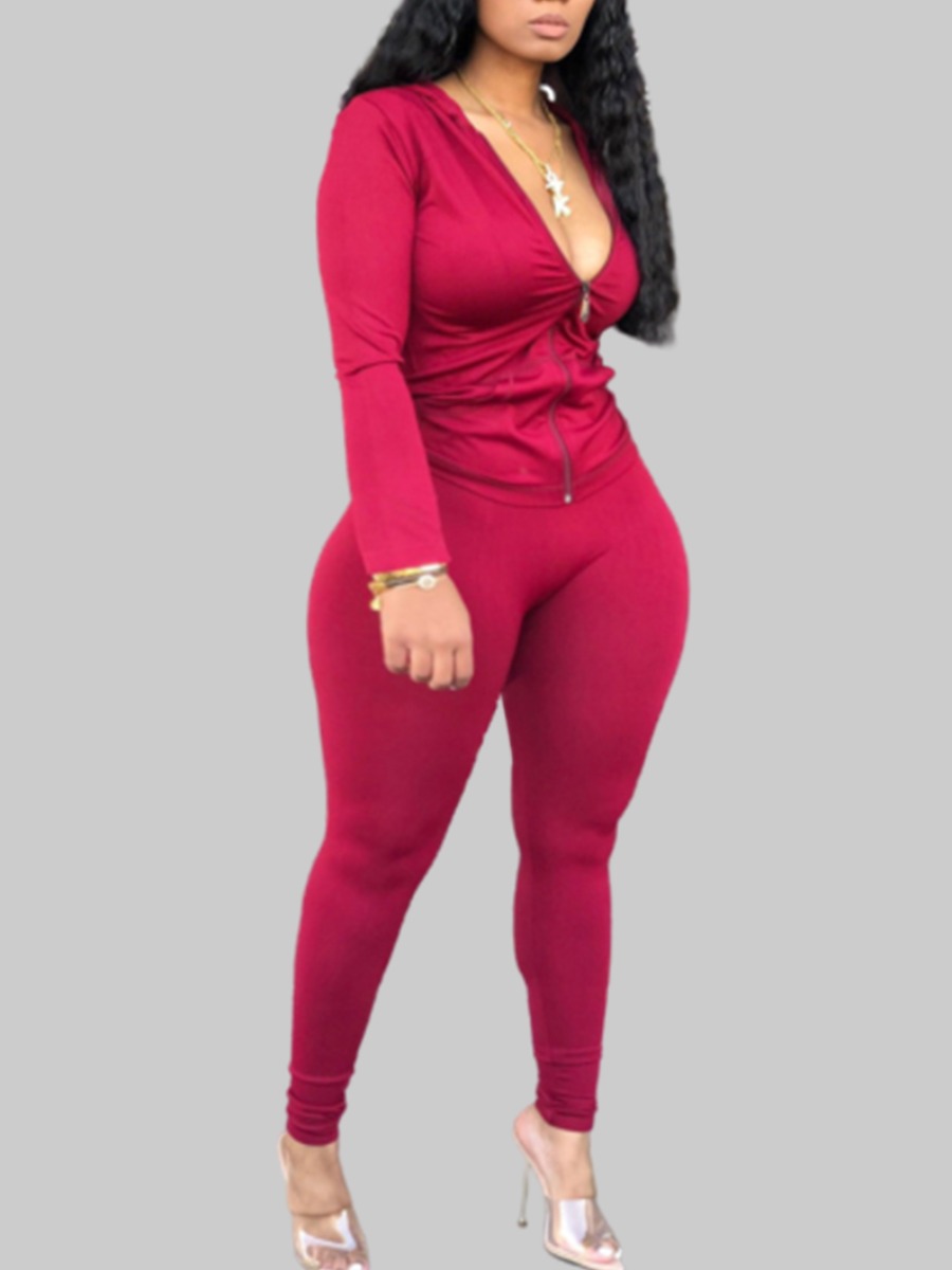 

lovely Sportswear Hooded Collar Zipper Design Wine Red Plus Size Two-piece Pants Set