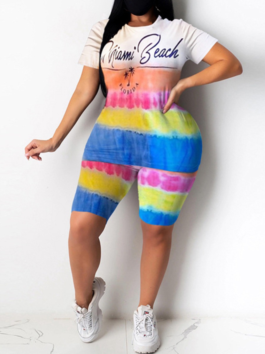 

lovely Trendy O Neck Print Orange Plus Size Two-piece Shorts Set