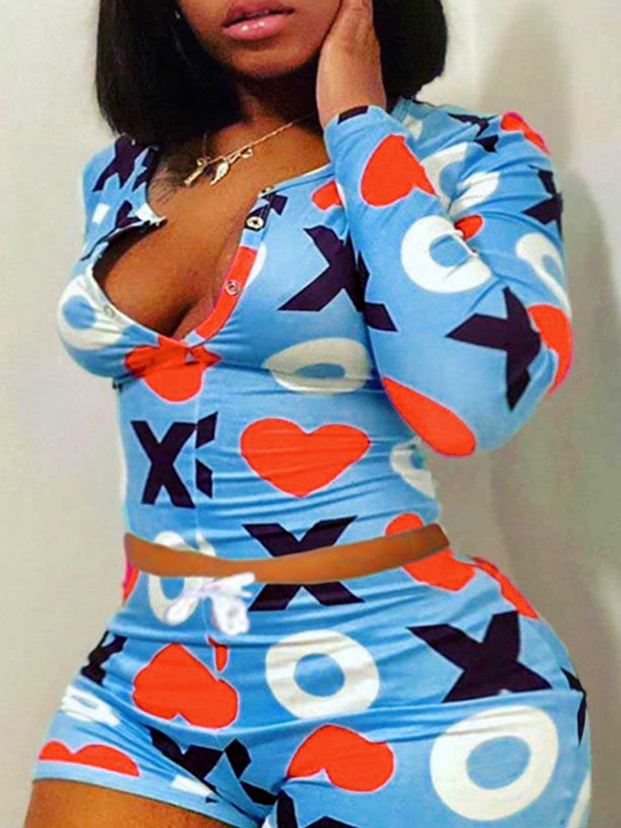 

lovely Casual Letter Print Deep Blue Plus Size Two-piece Shorts Set