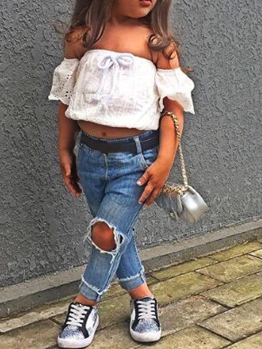

lovely Sweet Dew Shoulder Broken Holes White Girl Two-piece Pants Set
