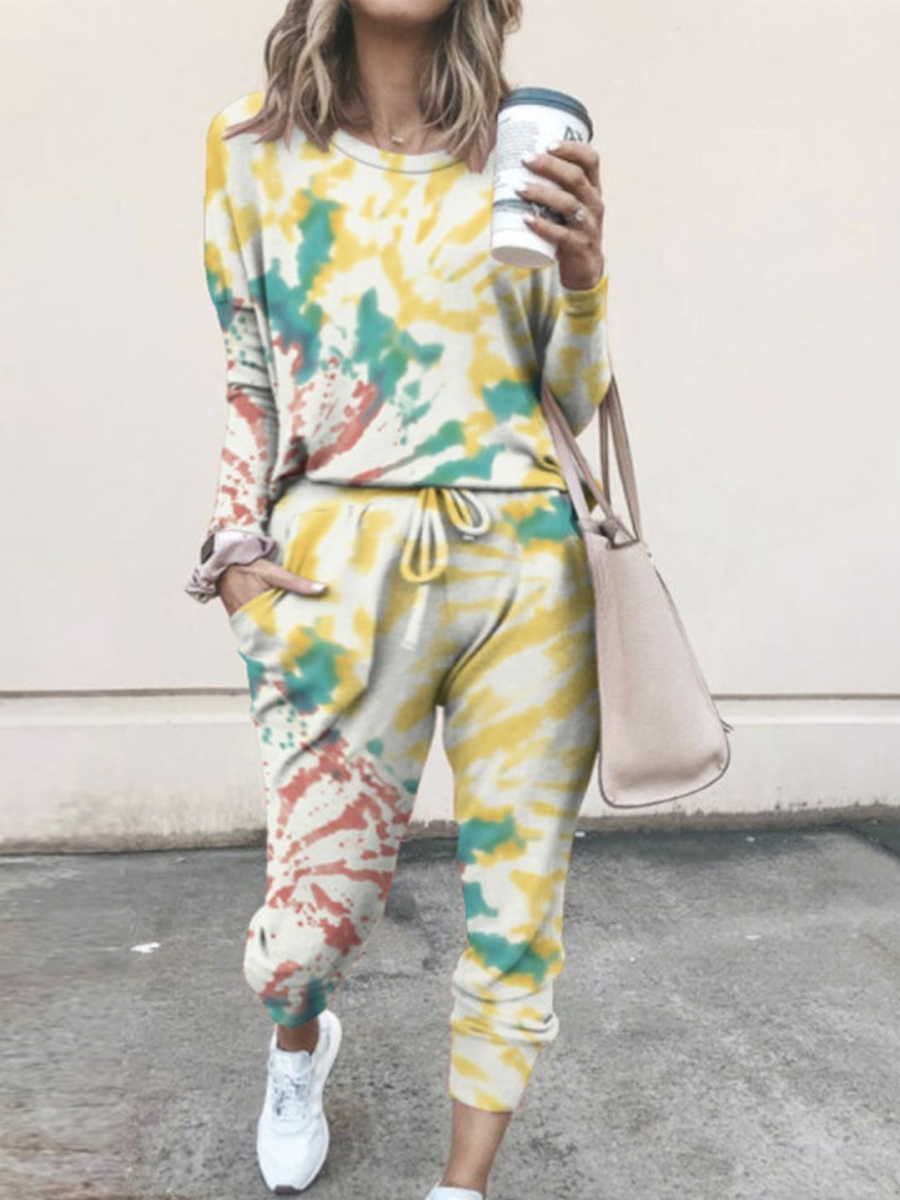 

Lovely Casual O Neck Tie-dye Yellow Plus Size Two-piece Pants Set