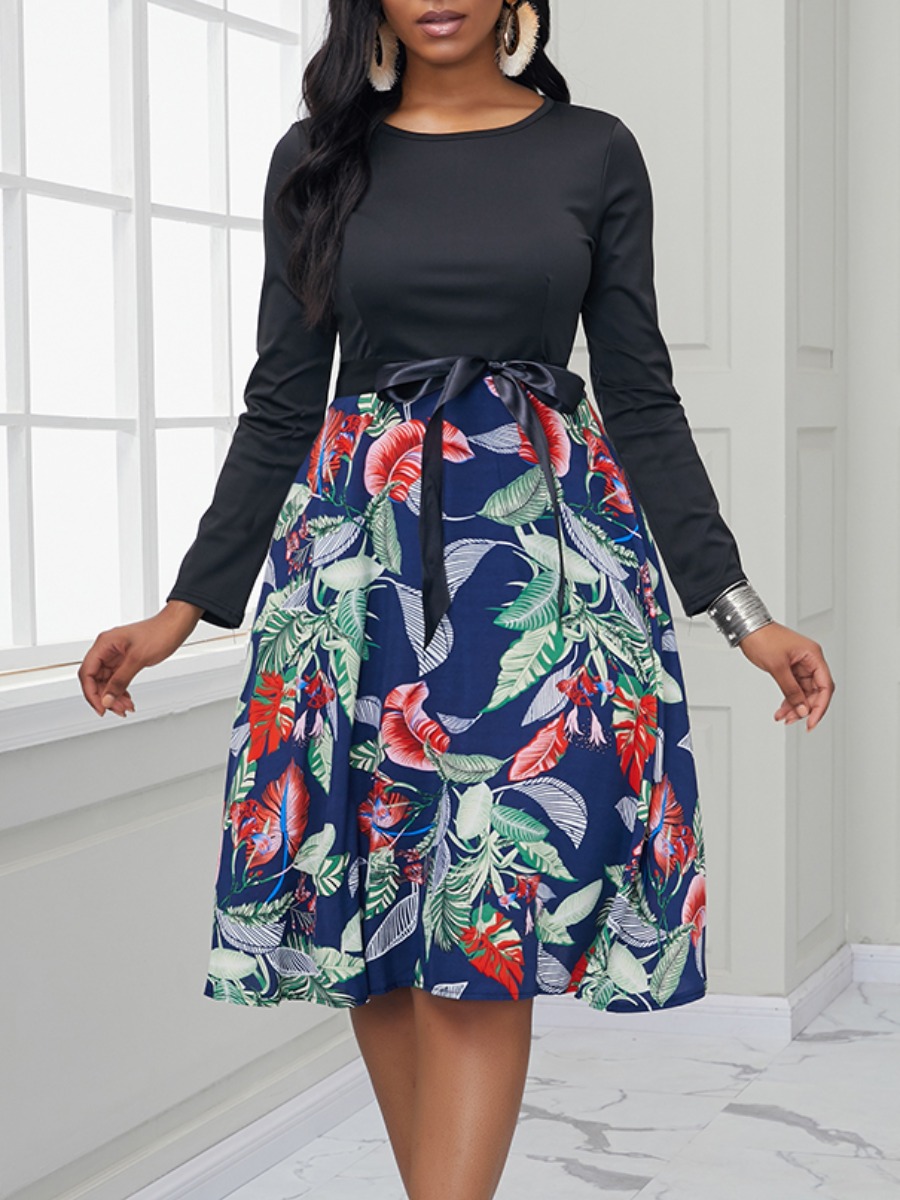 

lovely Trendy O Neck Plants Print Patchwork Black Knee Length Dress