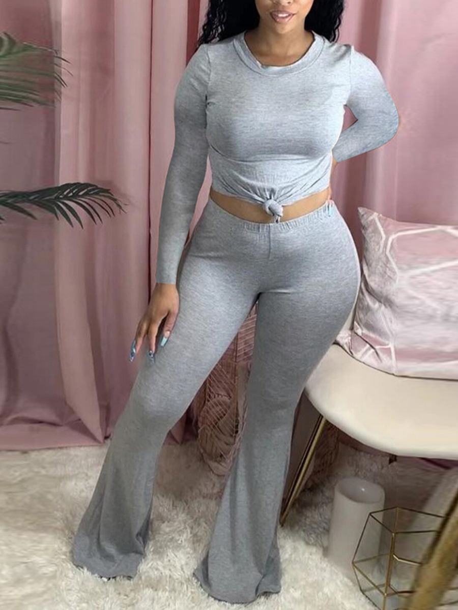 

lovely Casual O Neck Skinny Flared Grey Two Piece Pants Set
