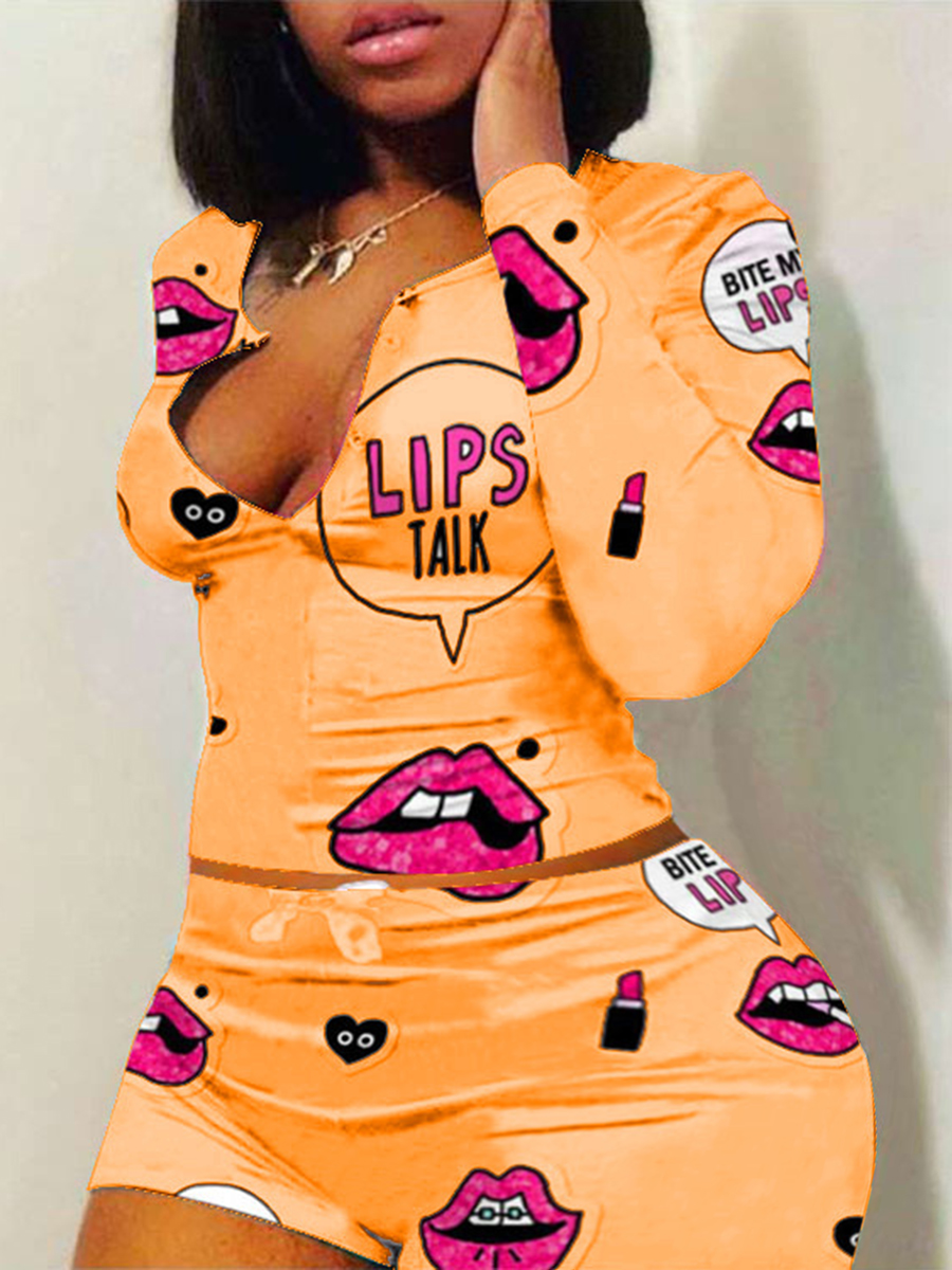 

LW Plus Size Lip Letter Print Shorts Set, Croci