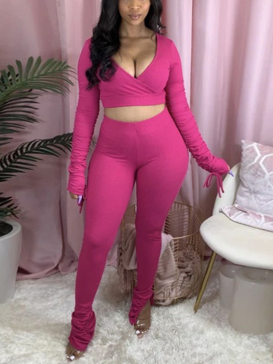 

lovely Sexy V Neck Fold Design Rose Red Two Piece Pants Set