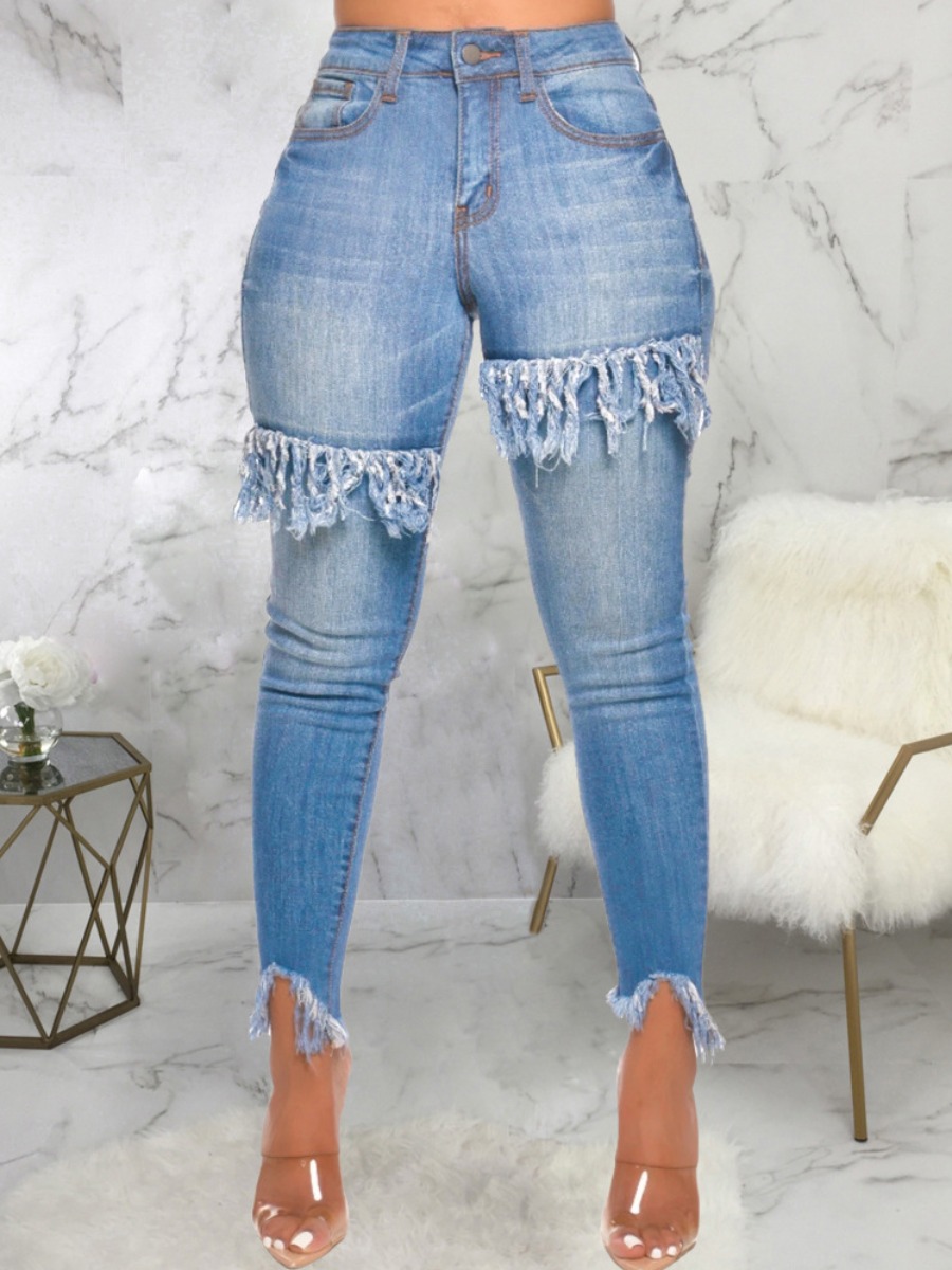

lovely Trendy Tassel Design Patchwork Blue Denim Jacket