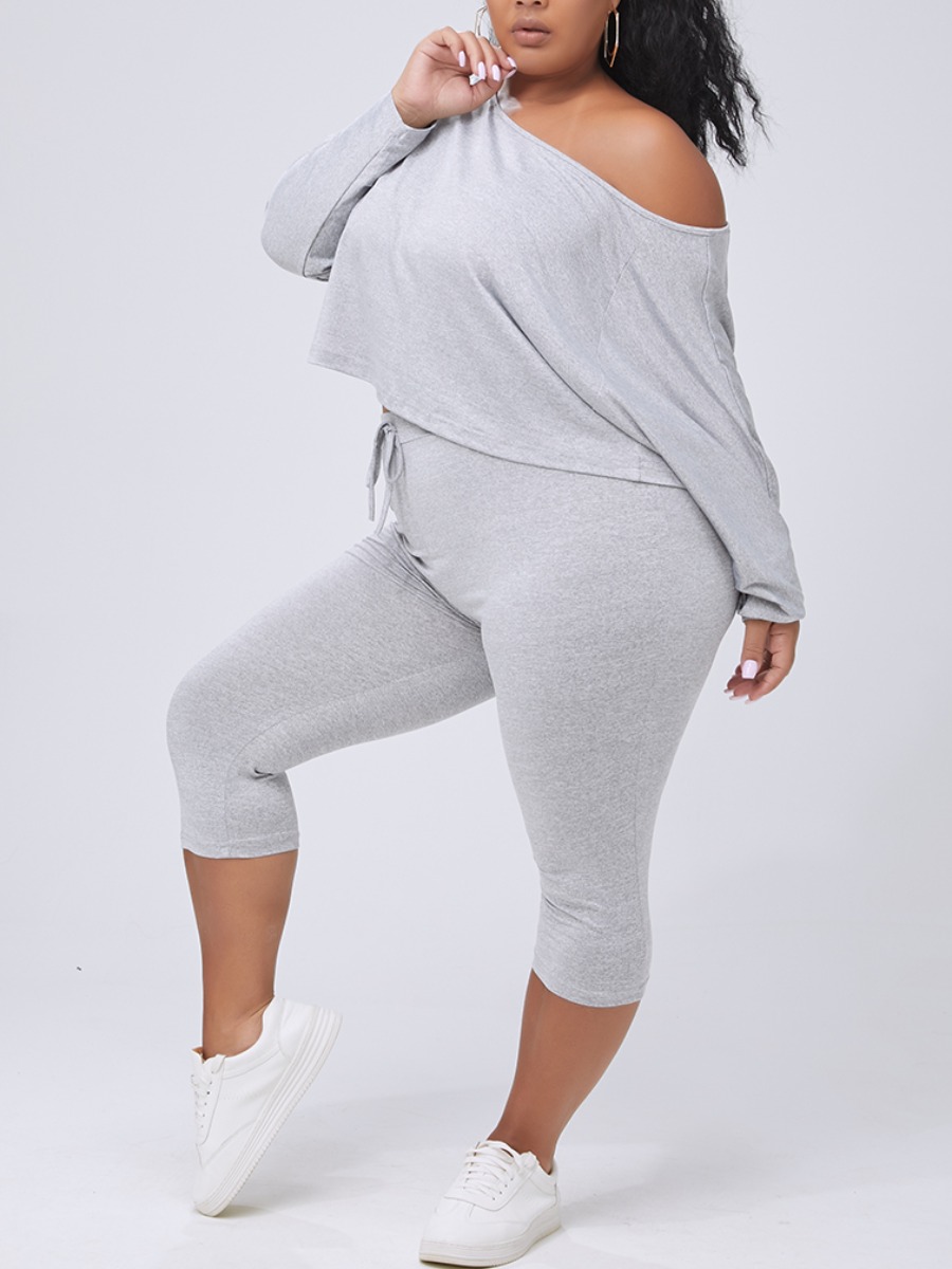 

lovely Leisure Basic Skinny Grey Plus Size Two-piece Shorts Set