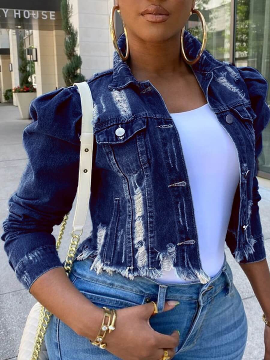 

Lovely Street Turndown Collar Buttons Design Deep Blue Plus Size Denim Jacket