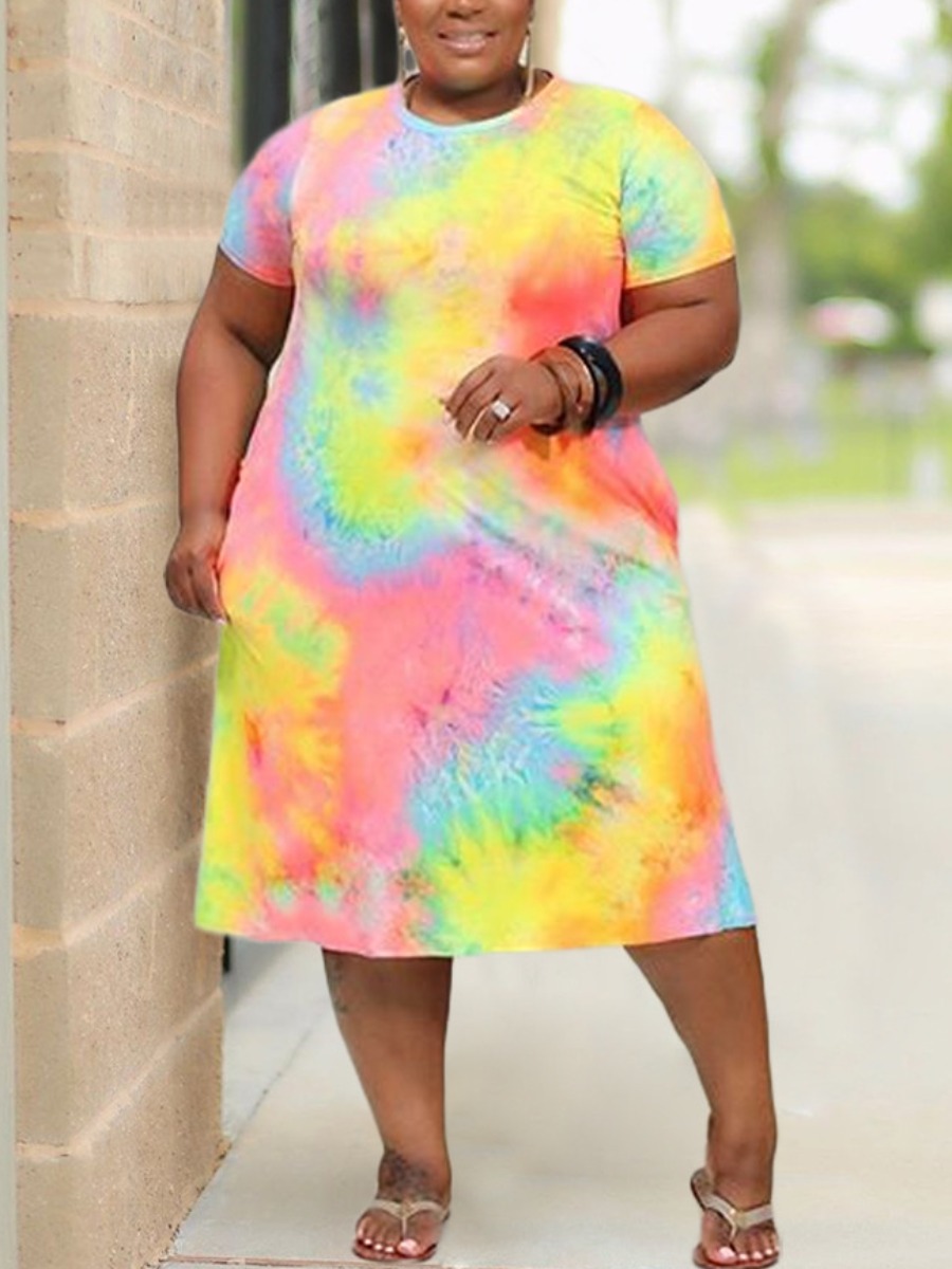 

Lovely Casual O Neck Tie-dye Pink Knee Length Plus Size Dress