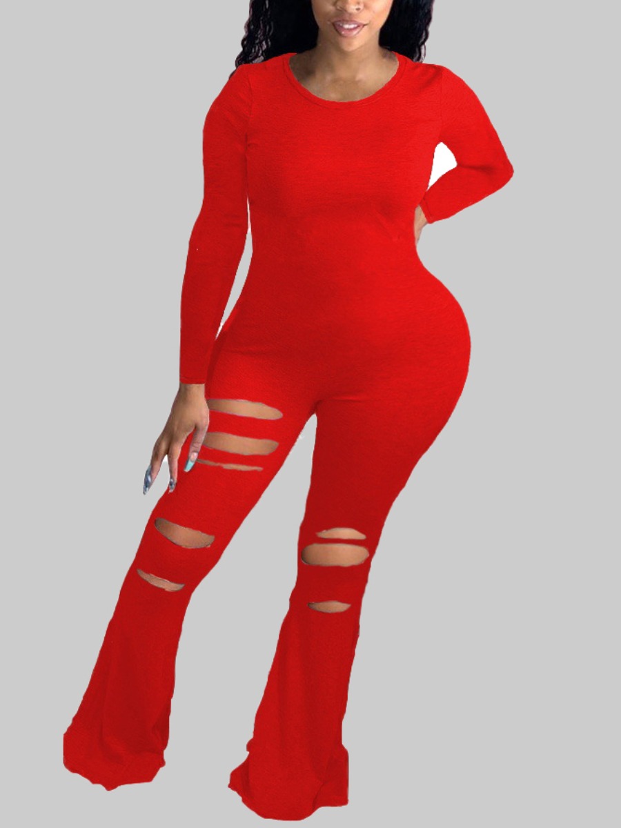 

lovely Casual O Neck Broken Holes Red Plus Size One-piece Jumpsuit