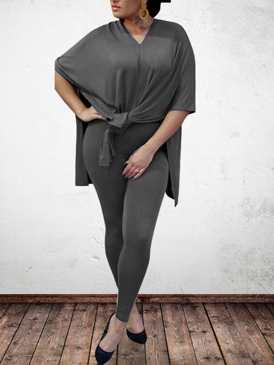 

lovely Leisure V Neck Side Slit Grey Plus Size Two-piece Pants Set