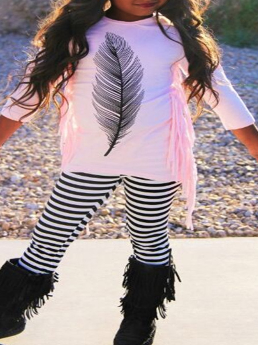 

lovely Street O Neck Print Pink Girl Two-piece Pants Set