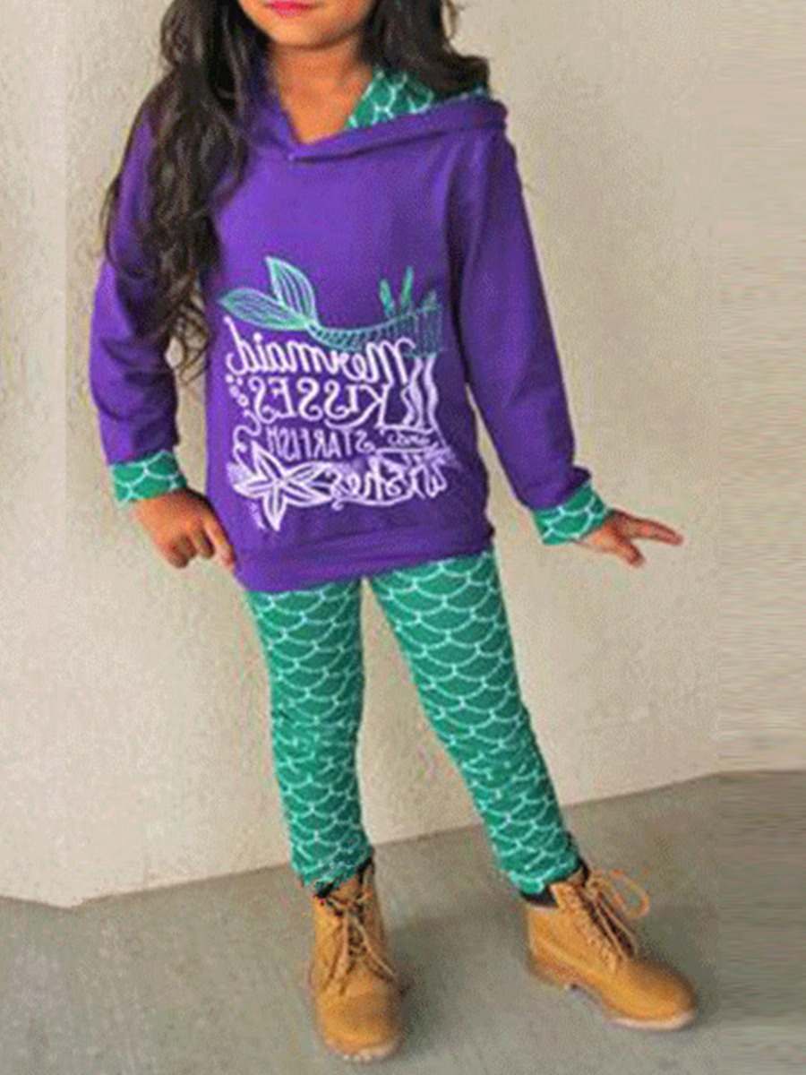 

lovely Leisure Hooded Collar Print Purple Girl Two-piece Pants Set