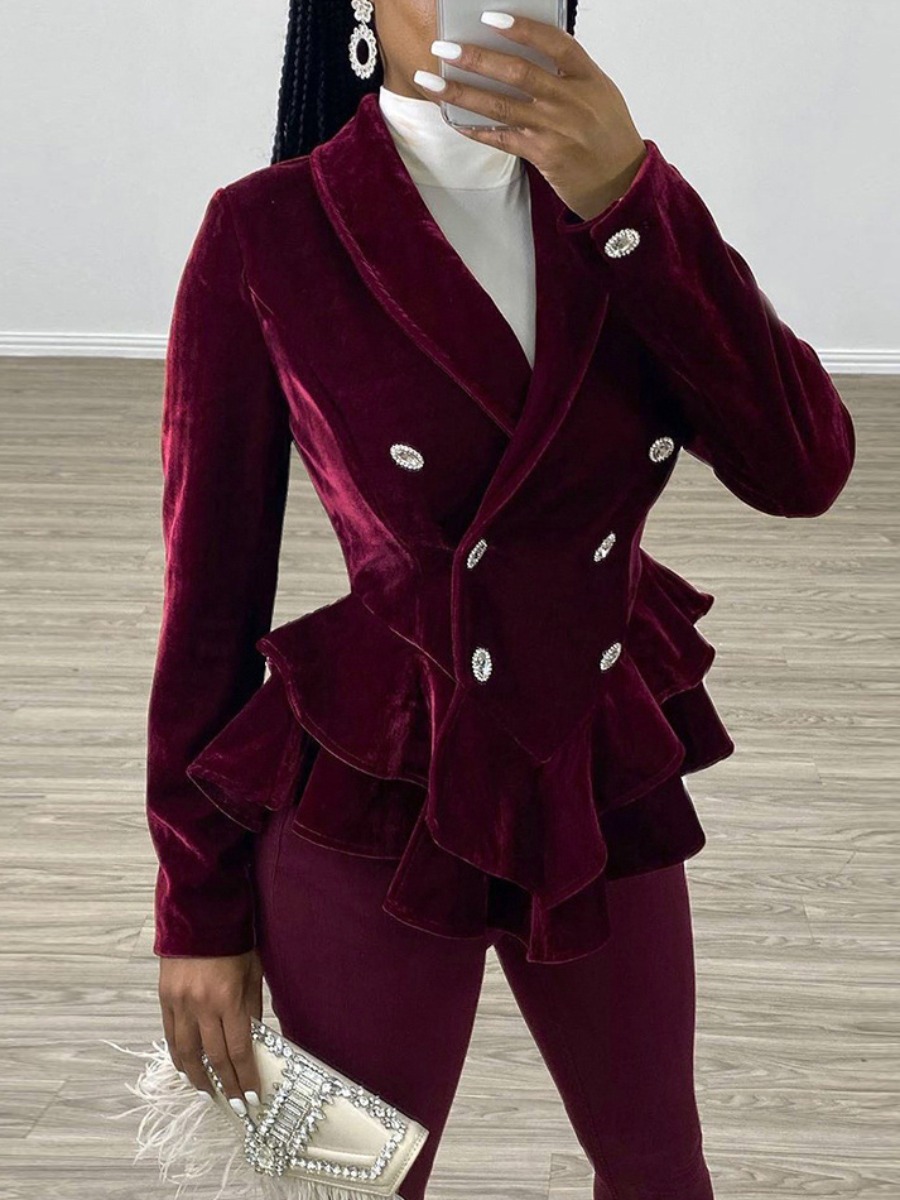 

lovely Stylish Flounce Design Buttons Design Wine Red Coat