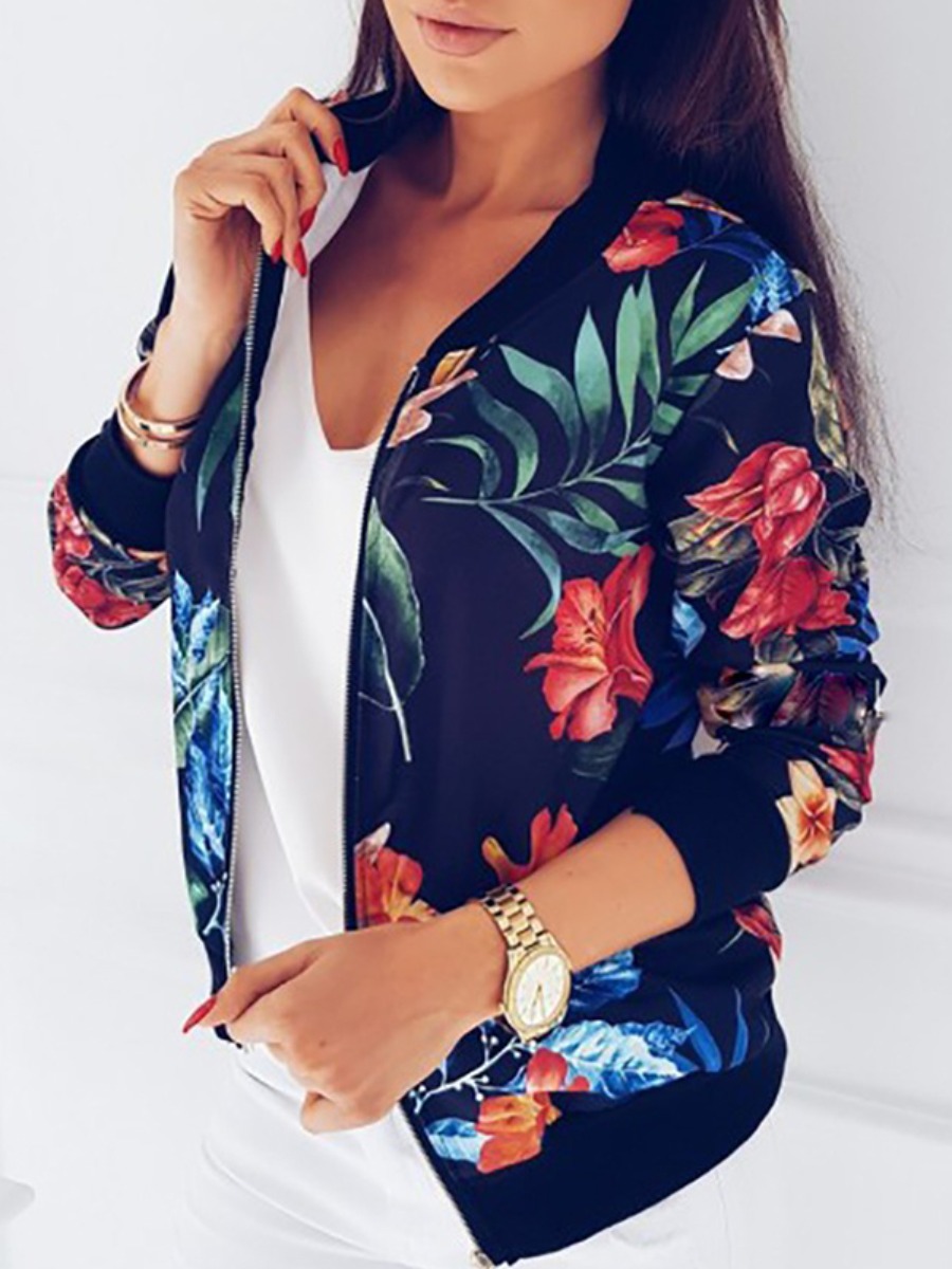 

lovely Casual Plants Print Navy Blue Jacket