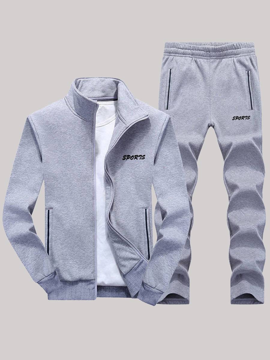

lovely Leisure Letter Zipper Design Grey Men Two-piece Pants Set