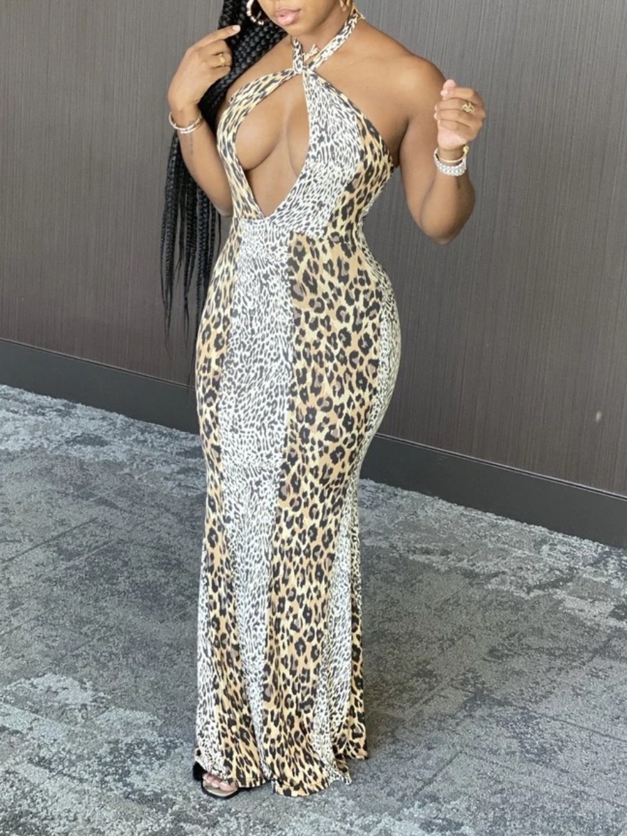 

lovely Sexy Backless Leopard Print Grey Maxi Dress