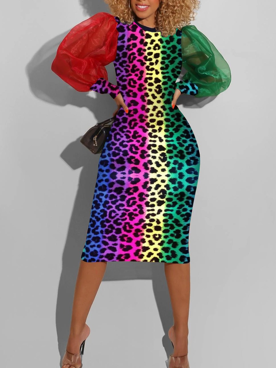 

lovely Casual O Neck Leopard Print Patchwork Knee Length Dress