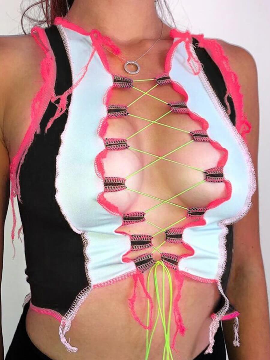 

Lovely Street Bandage Design Patchwork Black Camisole