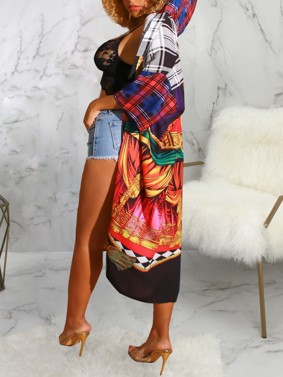 

lovely Casual Print Loose Multicolor Coat, Multi