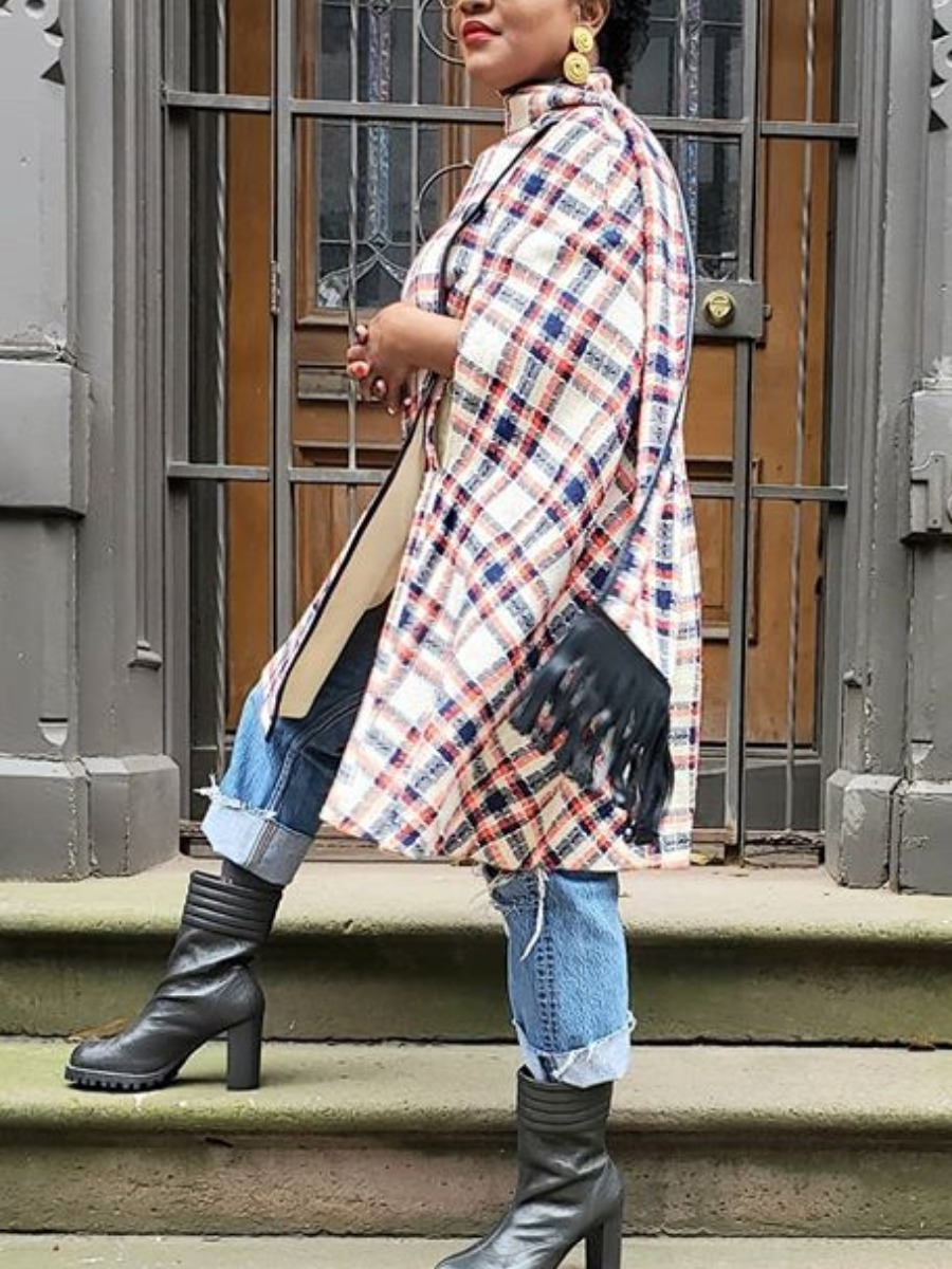 

lovely Casual Grid Print White Trench Coat
